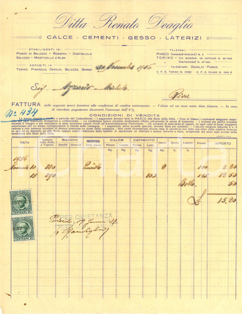 Documento originale, autentico 1936 PIASCO CN Ditta RENATO DEAGLIO  Calce e cementi Fattura intestata 1