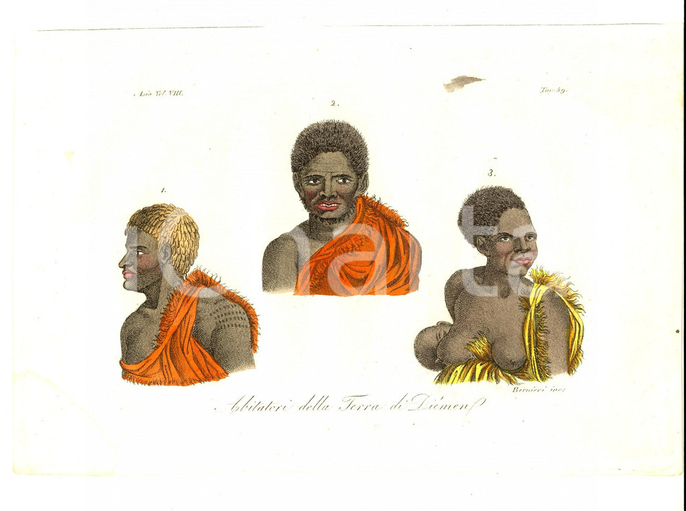 Stampa, bozzetto originale 1830 ca FERRARIO COSTUME Abitatori della terra di DIEMEN Inc. Andrea BERNIERI 1