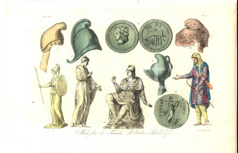 Stampa, bozzetto originale 1830 ca FERRARIO COSTUME ASIA Medaglia di Tenedo, Palladio, Paride Inc. ANDREI 1