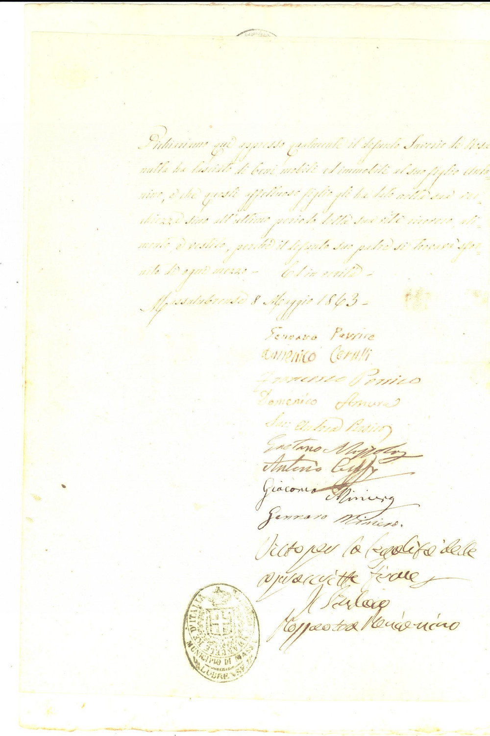 Documento originale, autentico 1863 MASSA LUBRENSE NA Antonino DE ROSA non eredita dal padre nullatenente 1