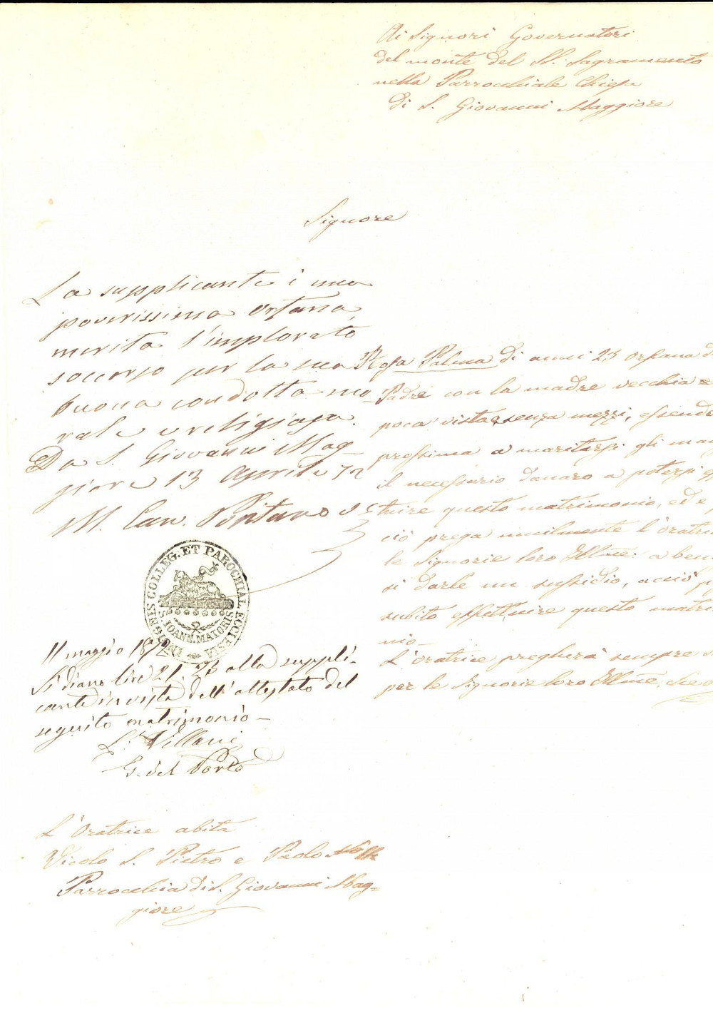 Documento originale, autentico 1872 NAPOLI Supplica per Rosa PALMA orfana e senza dote per il matrimonio 1