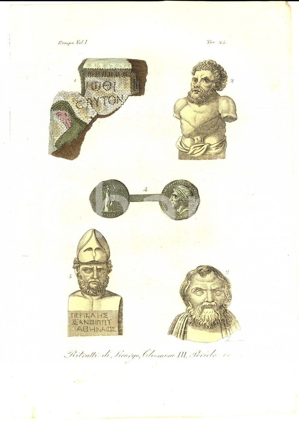 Stampa, bozzetto originale 1823 COSTUME EUROPEO Ritratti di Licurgo, Cleomene III, Pericle Inc. SASSO 1