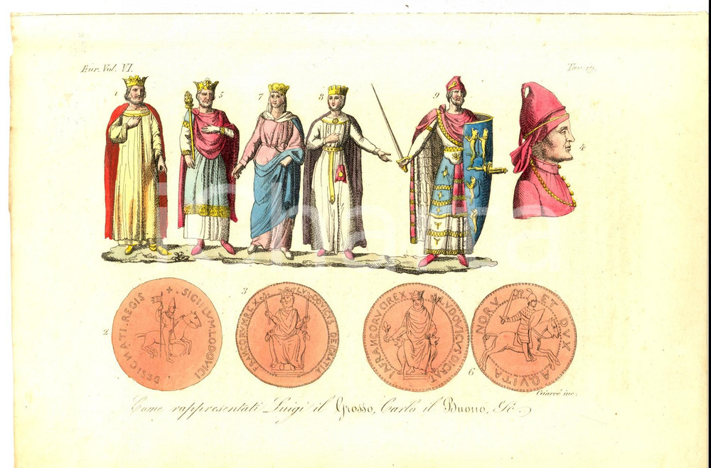 Stampa, bozzetto originale 1830 ca FERRARIO COSTUME EUROPEO Luigi il Grosso nei sigilli Inc. GIARRE 1