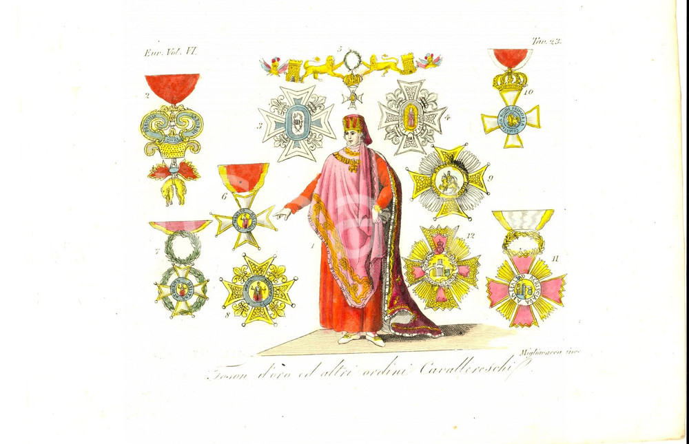 Stampa, bozzetto originale 1830 ca FERRARIO COSTUME EUROPEO Toson d oro e altri ordini Inc. MIGLIAVACCA 1
