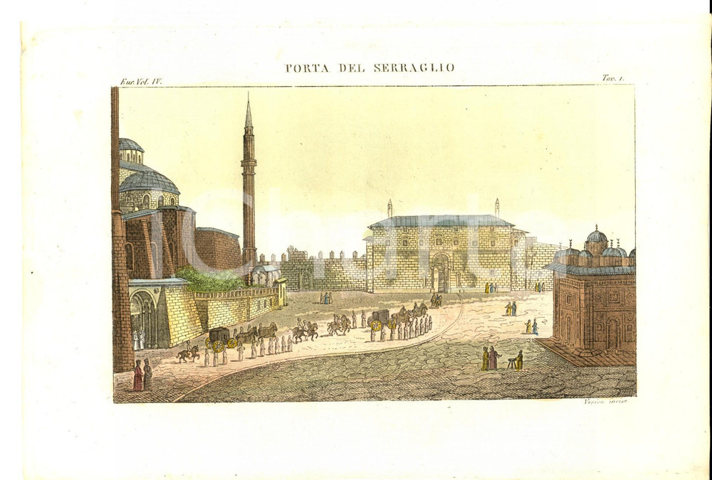 Stampa, bozzetto originale 1830 ca FERRARIO COSTUME EUROPEO ISTANBUL Porta del serraglio Inc. VERICO 1