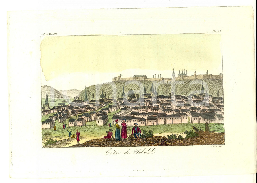 Stampa, bozzetto originale 1825 FERRARIO COSTUME ASIA CittÃ  di TOBOLSK Inc. SASSO Colorata a mano 1