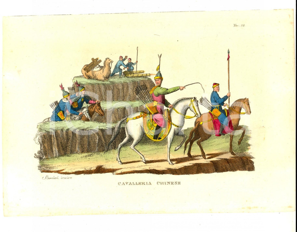 Stampa, bozzetto originale 1830 ca FERRARIO COSTUME ASIA Cavalleria cinese Inc. BERNIERI colorata a mano 1