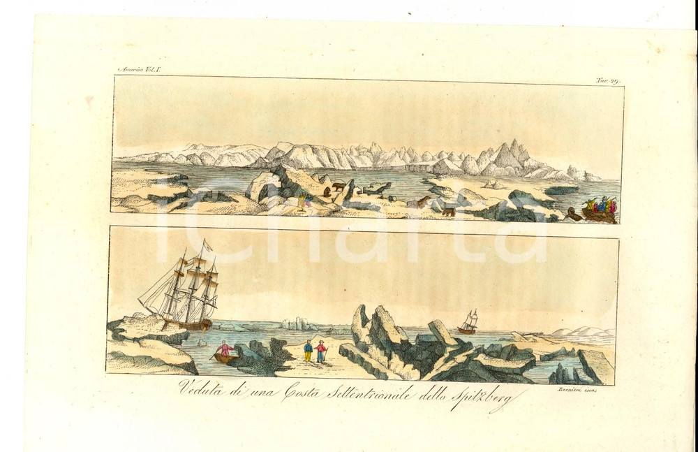 Stampa, bozzetto originale 1830 ca FERRARIO COSTUME AMERICA Costa settentrionale dello Spitzberg BERNIERI 1