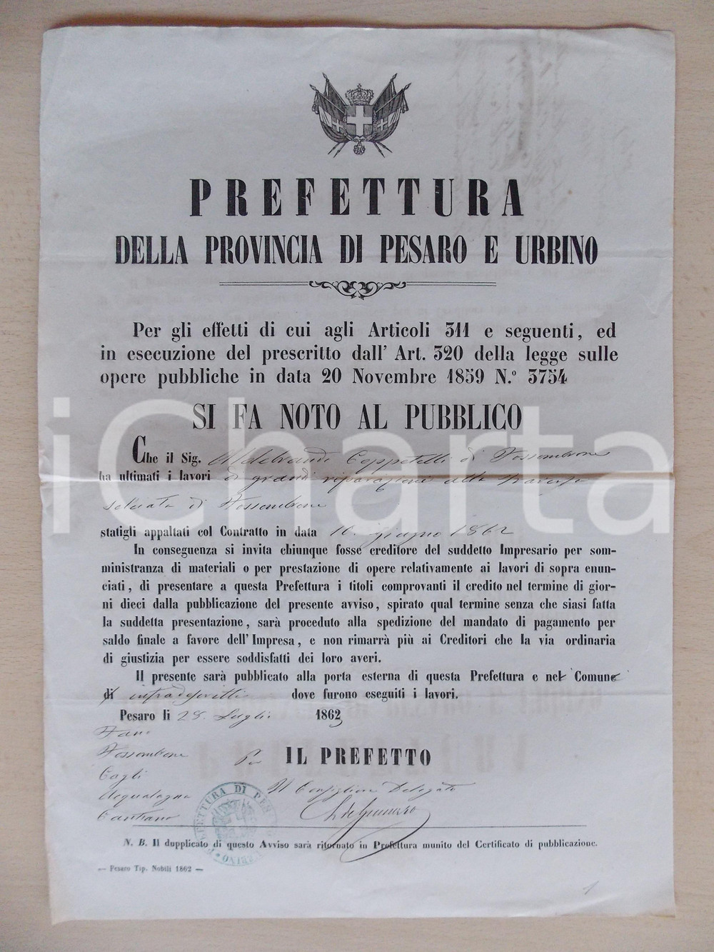 Documento originale, autentico 1863 FOSSOMBRONE PU Ildebrando CEPPETELLI termina lavori in appalto Manifesto 1