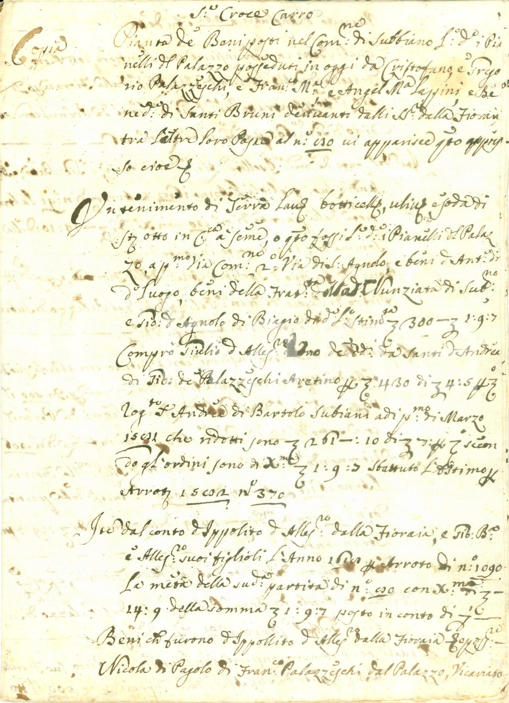 Documento originale, autentico 1714 SUBBIANO AR Beni immobili di Cristoforo e Gregorio PALAZZESCHI Documento 1