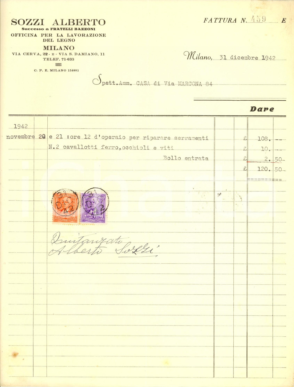 Documento originale, autentico 1942 MILANO Via Cerva 22 Alberto SOZZI succ. FRATELLI BAZZONI Lavorazione legno 1