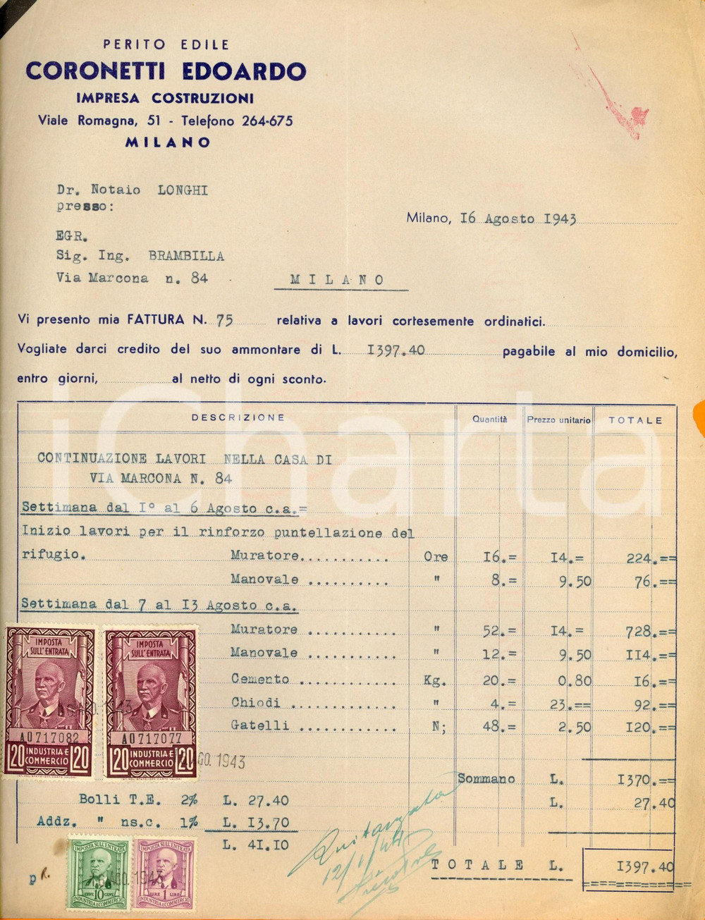 Documento originale, autentico 1943 MILANO Perito Edile CORONETTI Edoardo  Impresa costruzioni Fattura 1