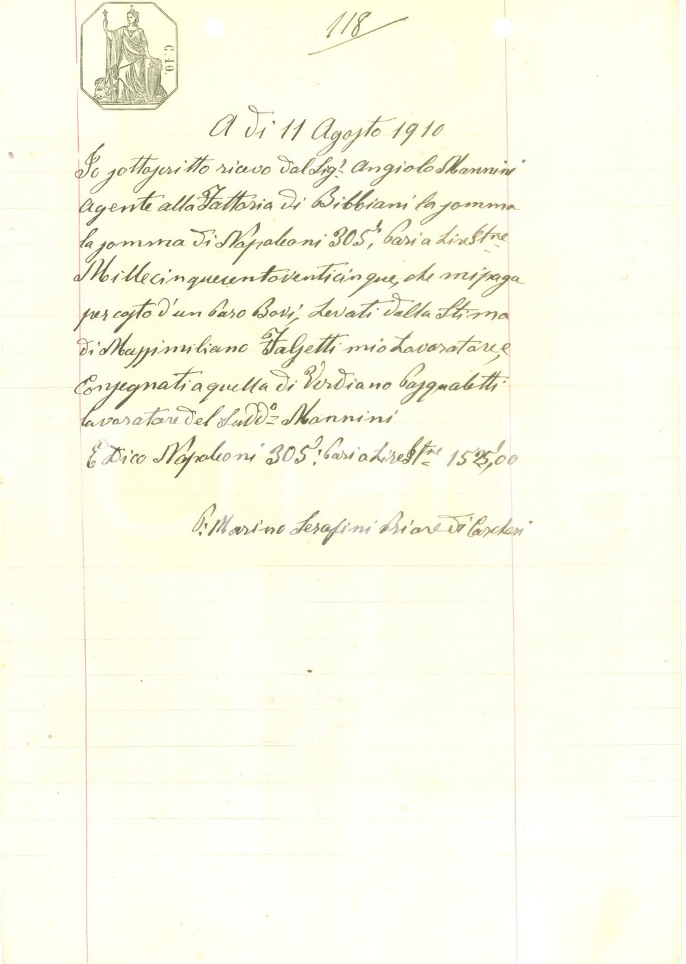Documento originale, autentico 1910 TENUTA DI BIBBIANI CAPRAIA Priore Marino SERAFINI vende buoi a MANNINI 1