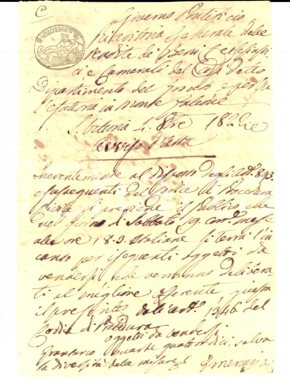 Documento originale, autentico 1822 SANTA VITTORIA IN MATENANO FM Avviso d asta per una partita di granoturco 1