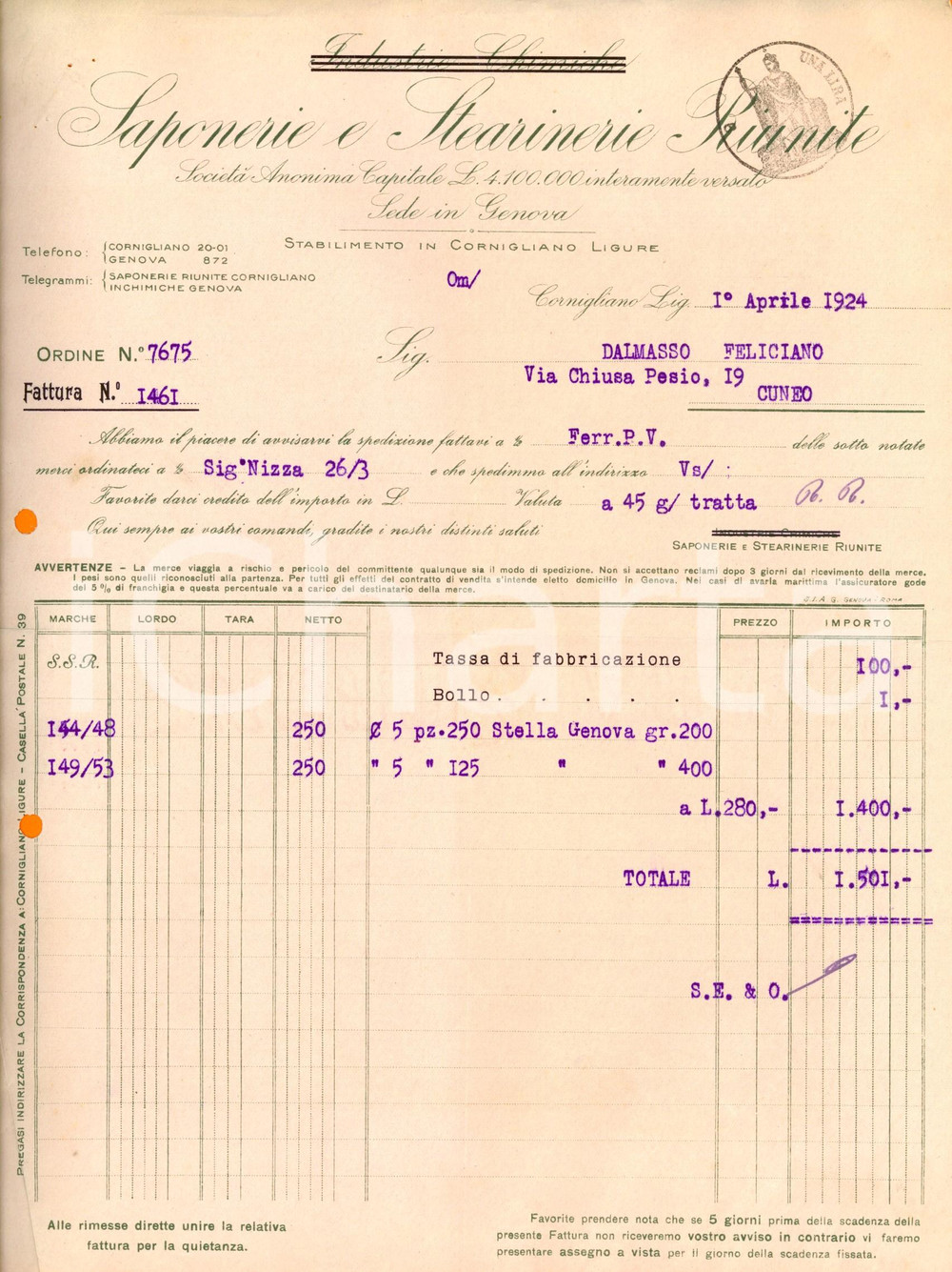 Documento originale, autentico 1924 GENOVA Società Anonima SAPONERIE E STEARINERIE RIUNITE Fattura intestata 1