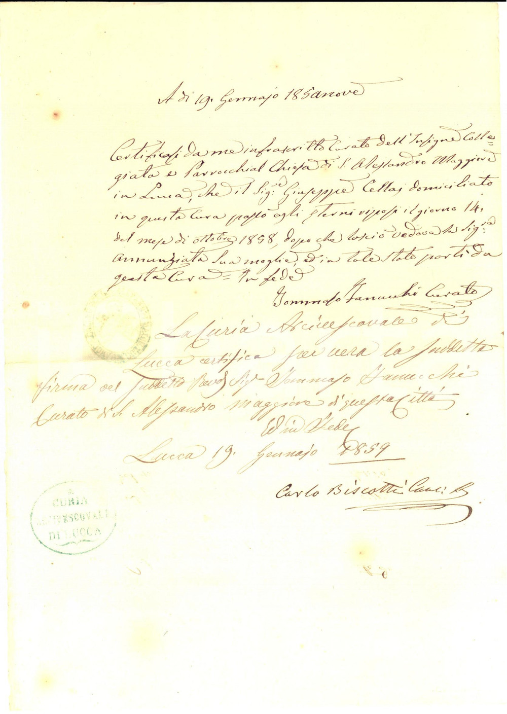 Documento originale, autentico 1859 LUCCA Parrocchia SANT ALESSANDRO Certificato di morte Giuseppe CELLAI 1