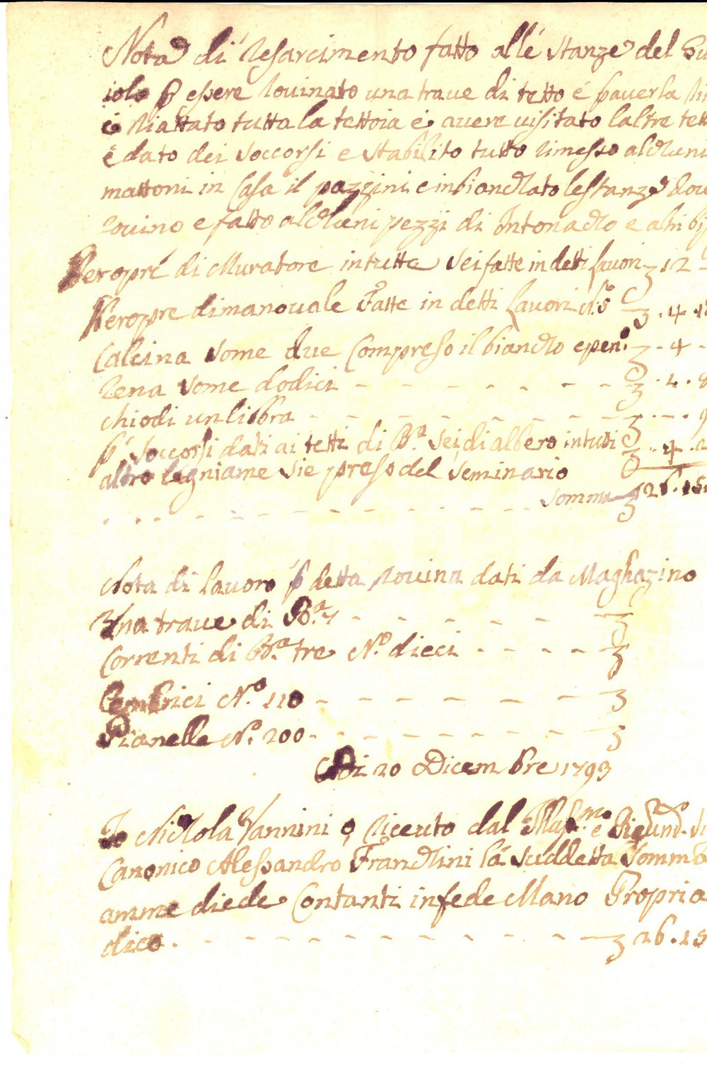 Documento originale, autentico 1793 SAN MINIATO PI Conto delle riparazioni del falegname Nicola VANNINI 1
