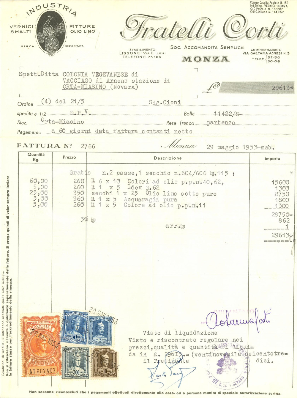Documento originale, autentico 1953 MONZA Fratelli CORTI  Industria vernici smalti pitture Fattura commerciale 1
