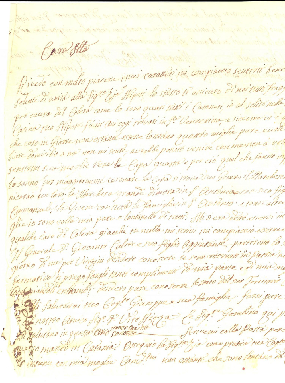 Manoscritto, lettera originale 1855 RAGUSA Barone Giuseppe SCAMMACCA DELLA BRUCA fugge dal colera Autografo 1