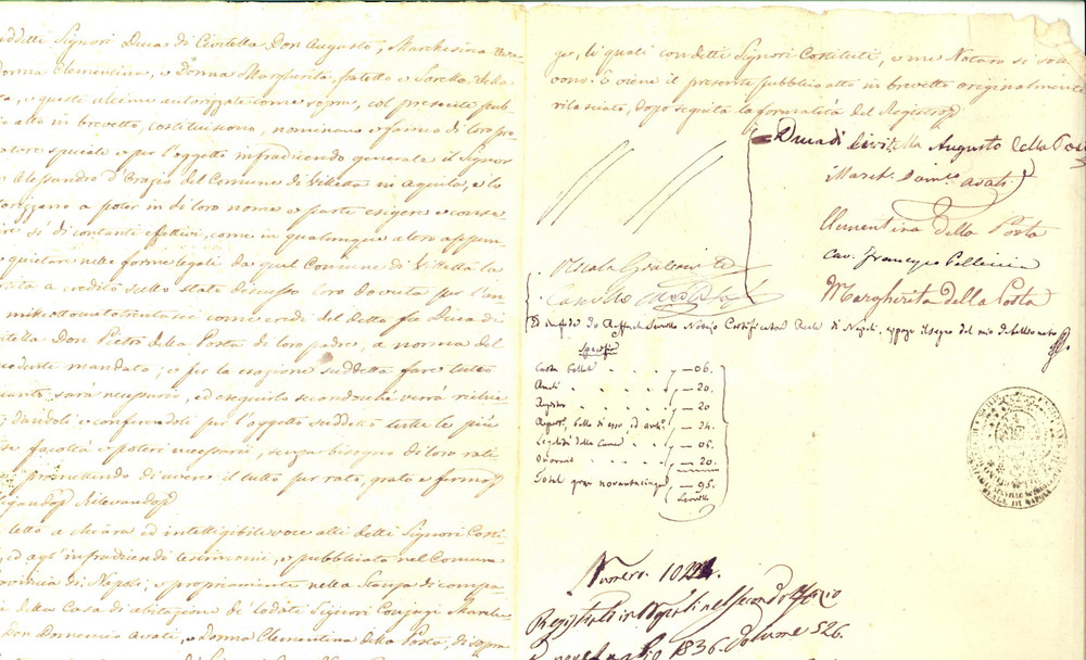 Documento originale, autentico 1836 NAPOLI Procura di don Augusto DELLA POSTA duca di CIVITELLA per un credito 1
