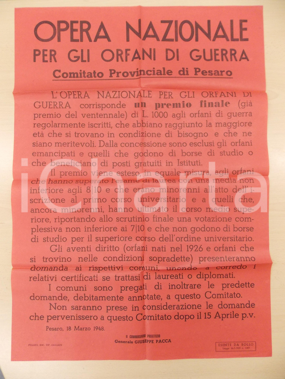 Documento originale, autentico 1948 PESARO Premio agli orfani di guerra bisognosi Manifesto 50x70 cm 1