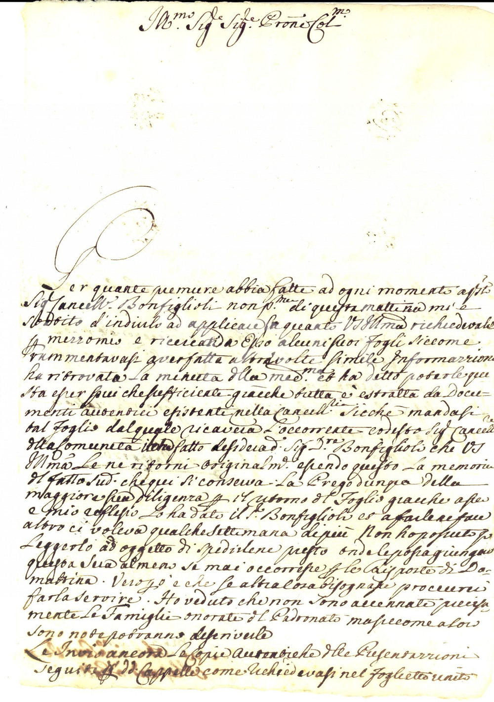 Manoscritto, lettera originale 1763 AREZZO Mons. Alessandro GALLETTI chiede carte al cancelliere BONFIGLIOLI 1