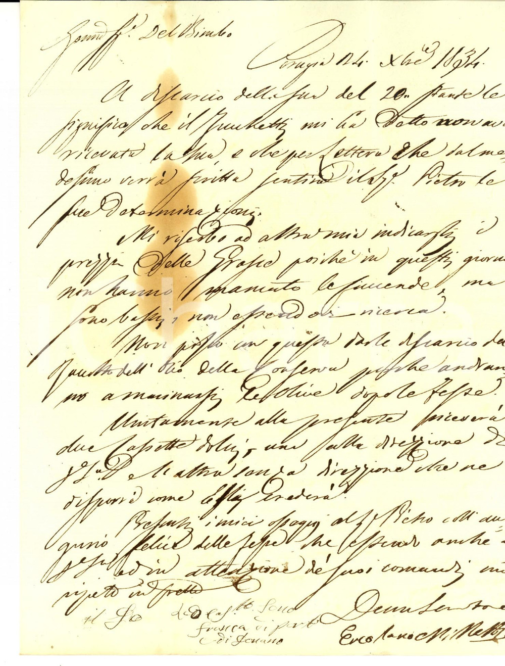 Manoscritto, lettera originale 1834 PERUGIA Ercolano MILLETTI annuncia il raccolto delle olive dopo le feste 1