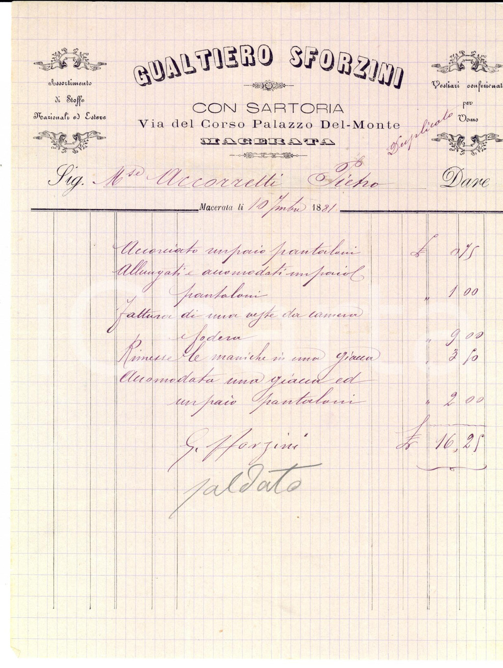 Documento originale, autentico 1881 MACERATA Gualtiero SFORZINI Sartoria Fattura per veste da camera 1