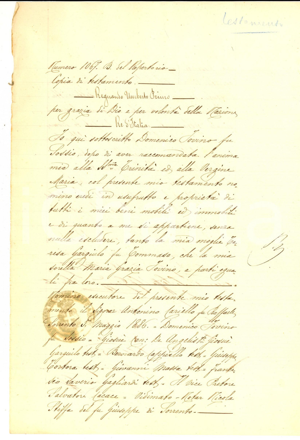Documento originale, autentico 1886 SORRENTO NA Testamento Domenico IOVINO pro moglie e sorella Manoscritto 1