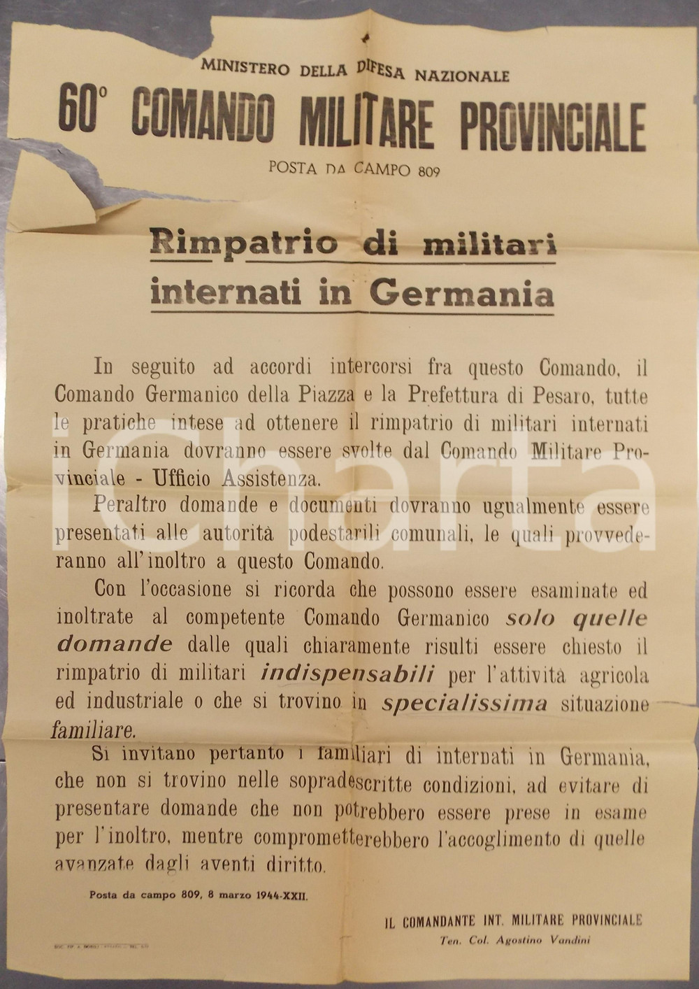 Documento originale, autentico 1944 WW2 POSTA DA CAMPO 809 Rimpatrio militari internati in Germania Manifesto 1