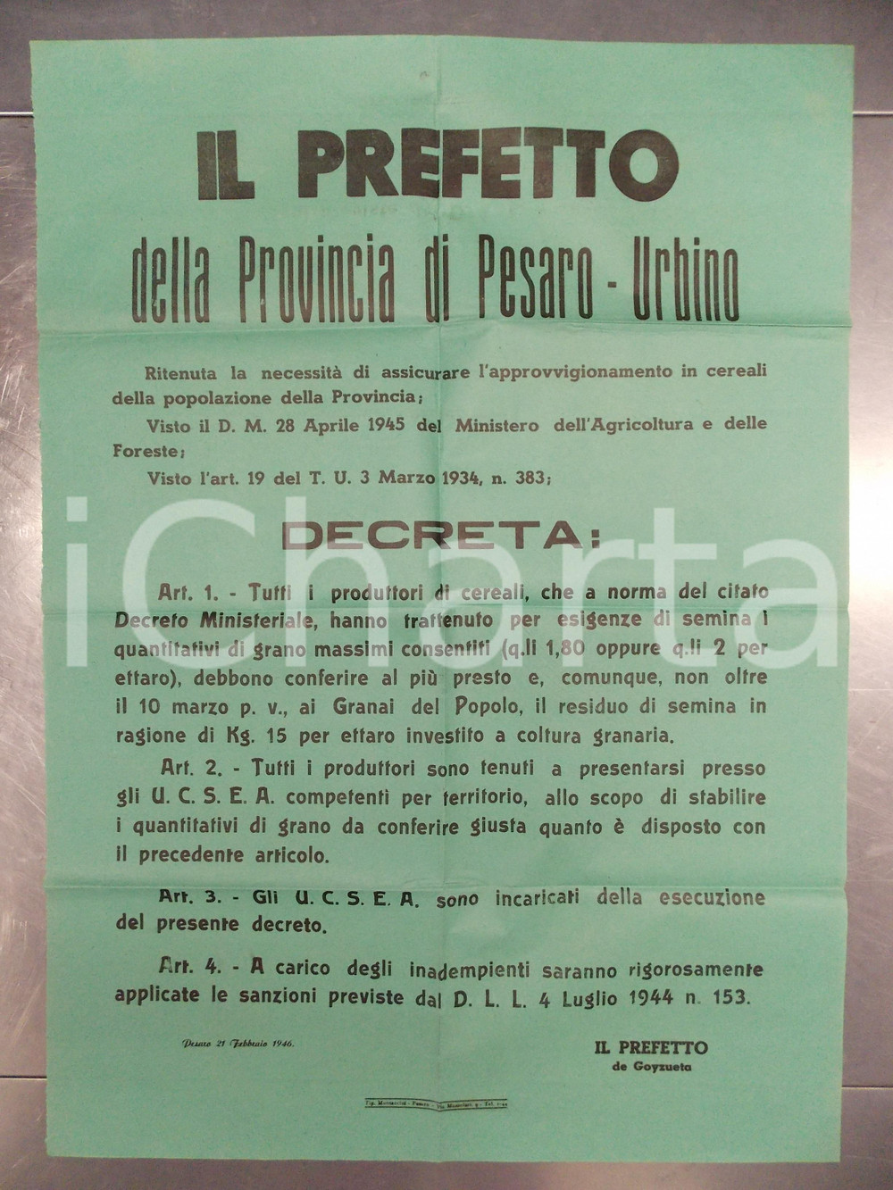 Documento originale, autentico 1946 PESARO Conferimento cereali ai granai del popolo Manifesto 50x70 cm 1