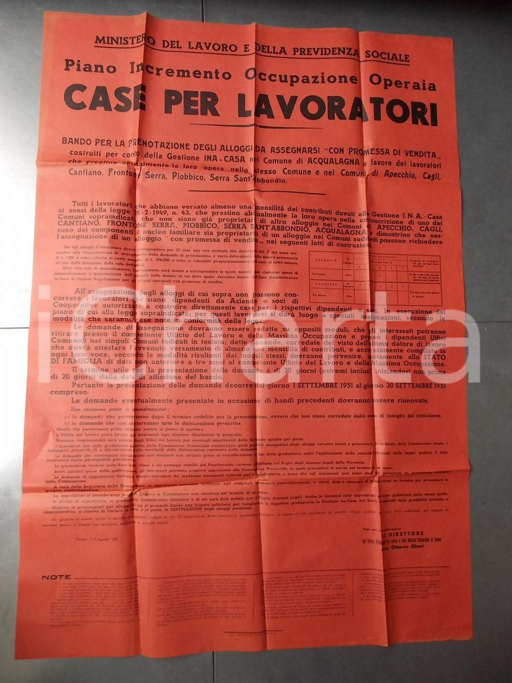 Documento originale, autentico 1951 PESARO Occupazione operaia  Case per i lavoratori Manifesto 70x98 cm 1