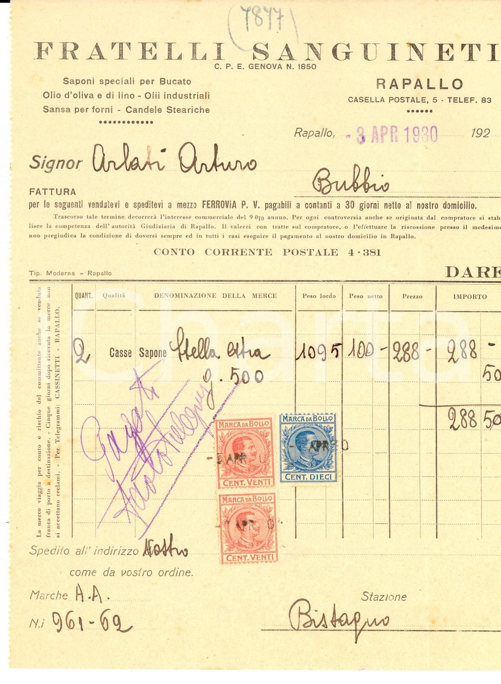 Documento originale, autentico 1930 RAPALLO Fratelli SANGUINETI  Olio d oliva e industriale saponi Fattura 1