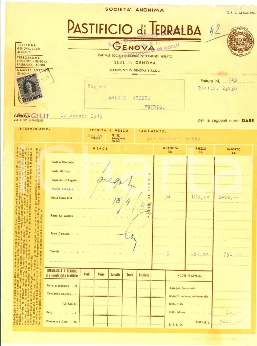 Documento originale, autentico 1949 ACQUI TERME Pastificio di TERRALBA Fattura intestata per capellini 1