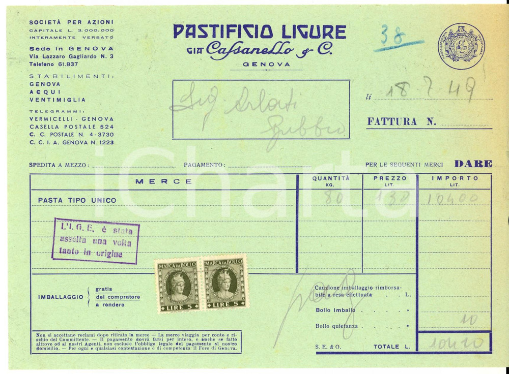Documento originale, autentico 1949 ACQUI TERME Pastificio ligure già CASSANELLO & C. Fattura intestata 1