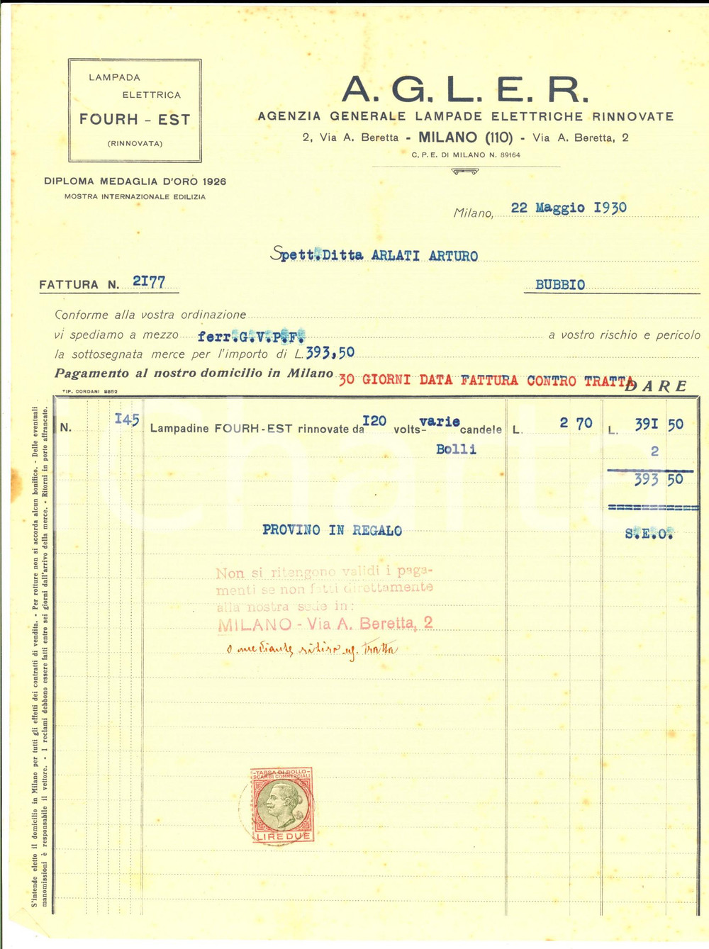 Documento originale, autentico 1930 MILANO via Beretta  AGLER Lampade elettriche rinnovate Fattura intestata 1