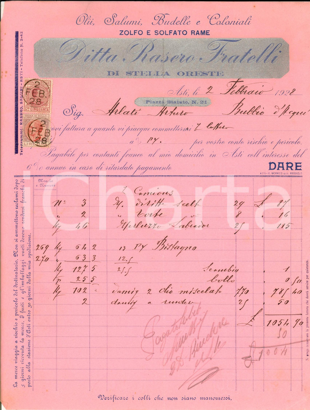 Documento originale, autentico 1928 ASTI Ditta Fratelli RASERO di Oreste STELLA Olii e salumi Fattura 1