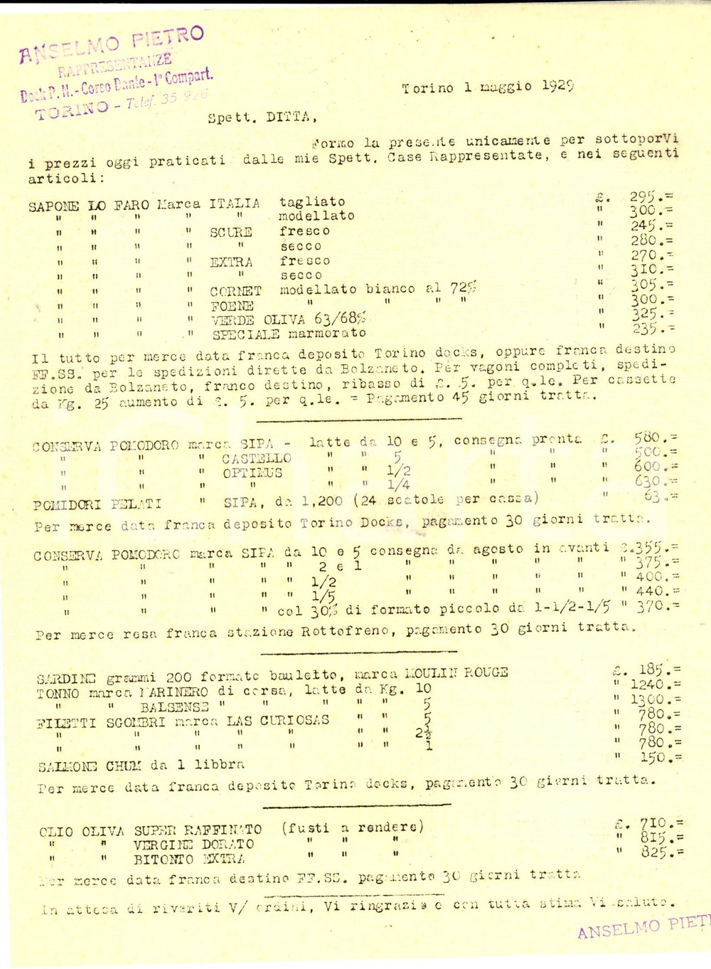 Materiale pubblicitario d’epoca 1929 TORINO Ditta Pietro ANSELMO Rappresentanze sapone e conserve Listino 1