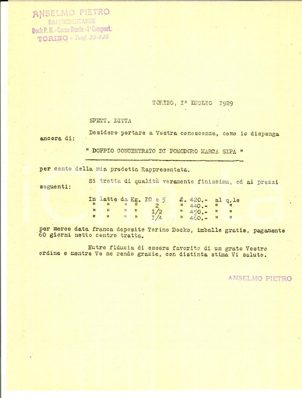 Materiale pubblicitario d’epoca 1929 TORINO Ditta Pietro ANSELMO Lettera per concentrato di pomodoro SIPA 1