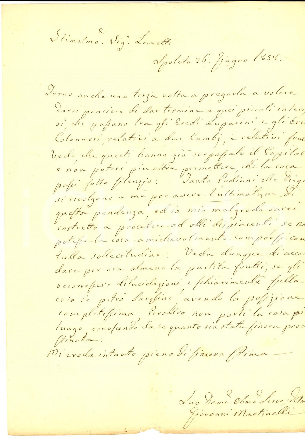 Manoscritto, lettera originale 1858 SPOLETO PG Minacce di Giovanni MARTINELLI su pendenze ereditÃ  COLONNESI 1