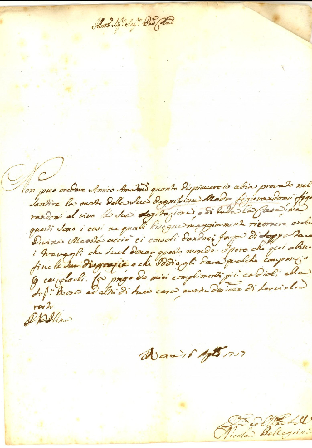Manoscritto, lettera originale 1757 ROMA Nicola PELLEGRINI a un amico in morte della madre Lettera 1