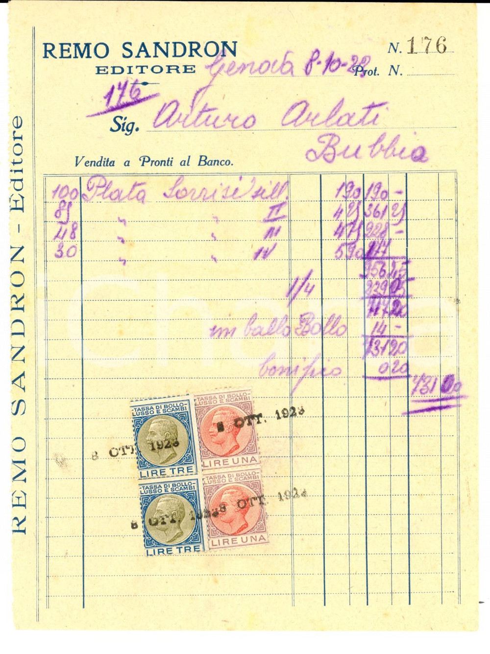 Documento originale, autentico 1928 GENOVA Remo SANDRON Editore  Fattura intestata 1