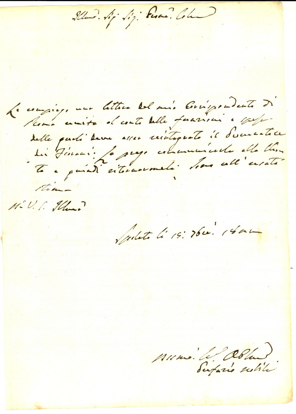Manoscritto, lettera originale 1844 SPOLETO PG Prefazio NOBILI sul conto dovuto al procuratore Lettera 1
