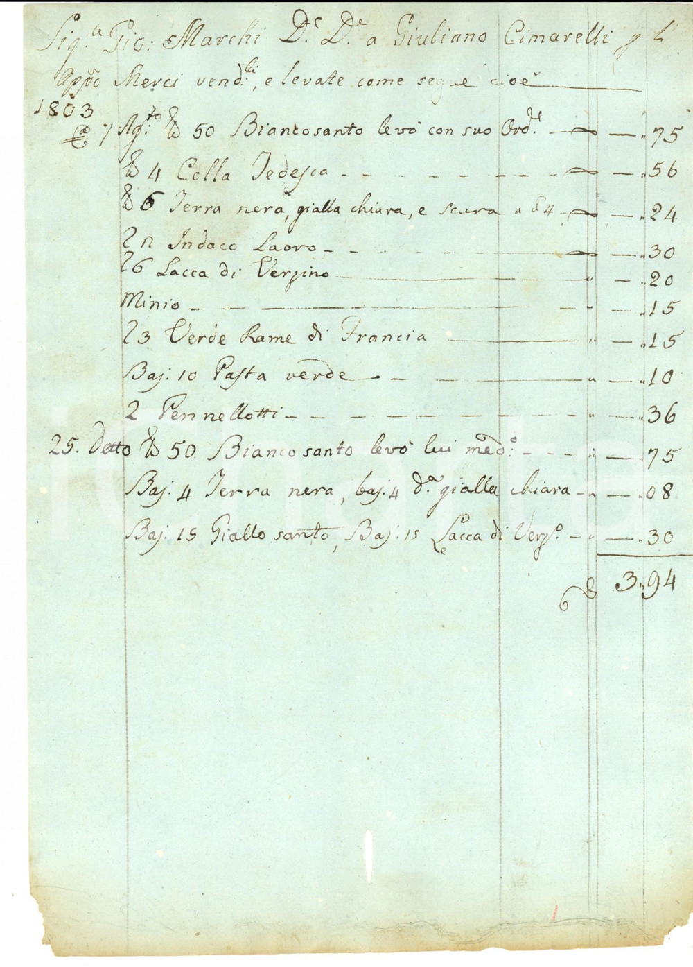Documento originale, autentico 1803 FIRENZE ? Conto di Giuliano CIMARELLI per vendita colori da pittura 1