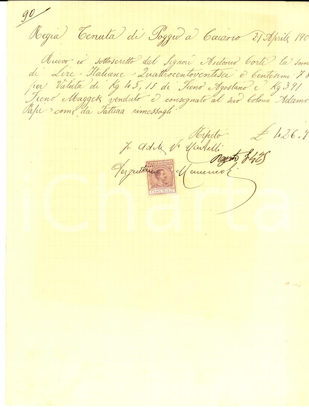 Documento originale, autentico 1907 POGGIO A CAIANO Ricevuta per fieno agostano venduto al colono Adamo PAPI 1
