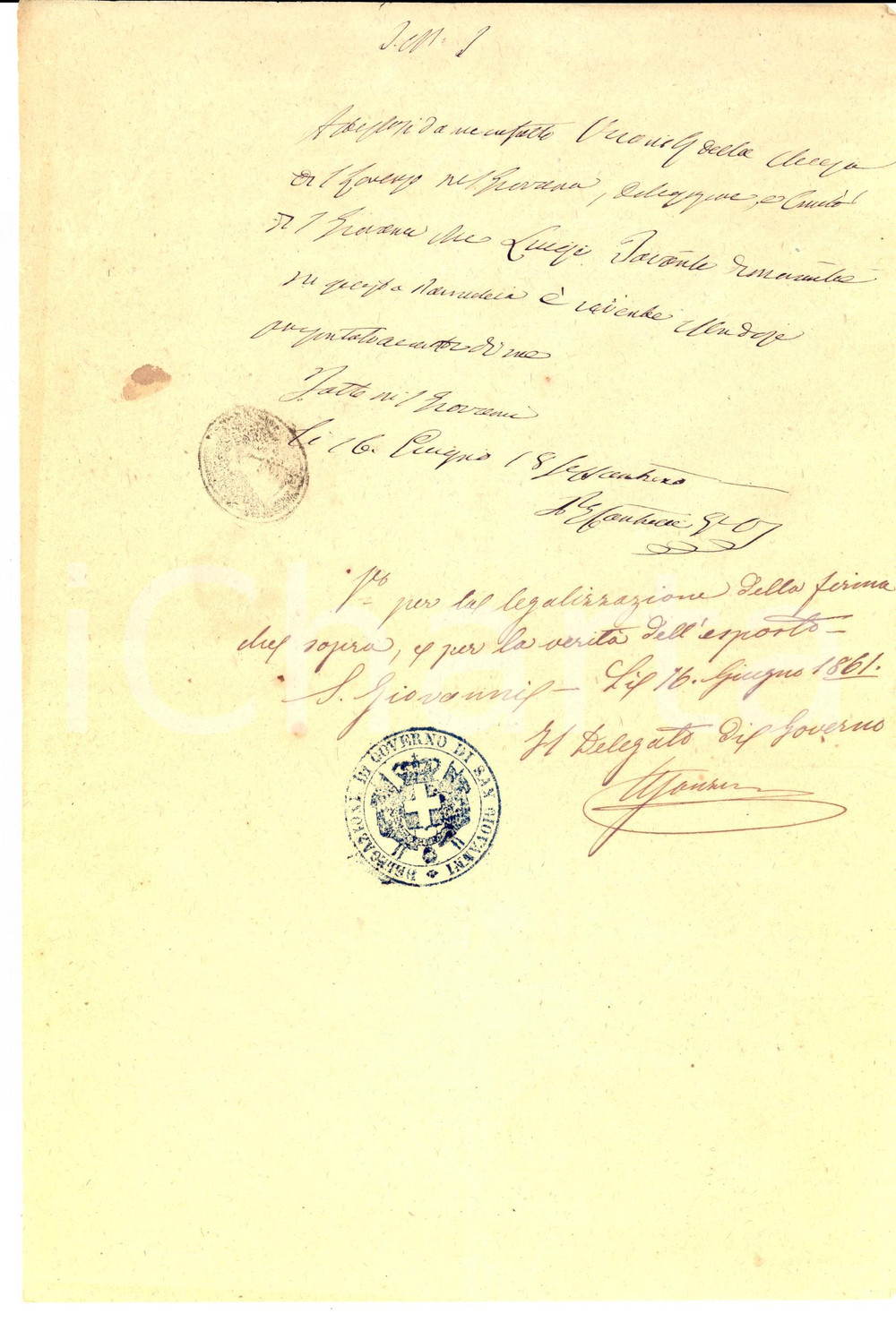 Documento originale, autentico 1861 SAN GIOVANNI VALDARNO Chiesa SAN LORENZO Certificato vita Luigi TAVANTE 1