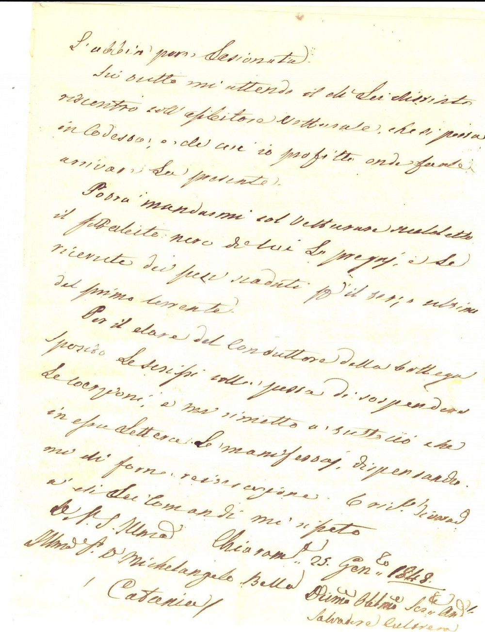 Manoscritto, lettera originale 1848 CHIARAMONTE GULFI  Salvatore CULTRERA sui danni del terremoto a una cantina 1