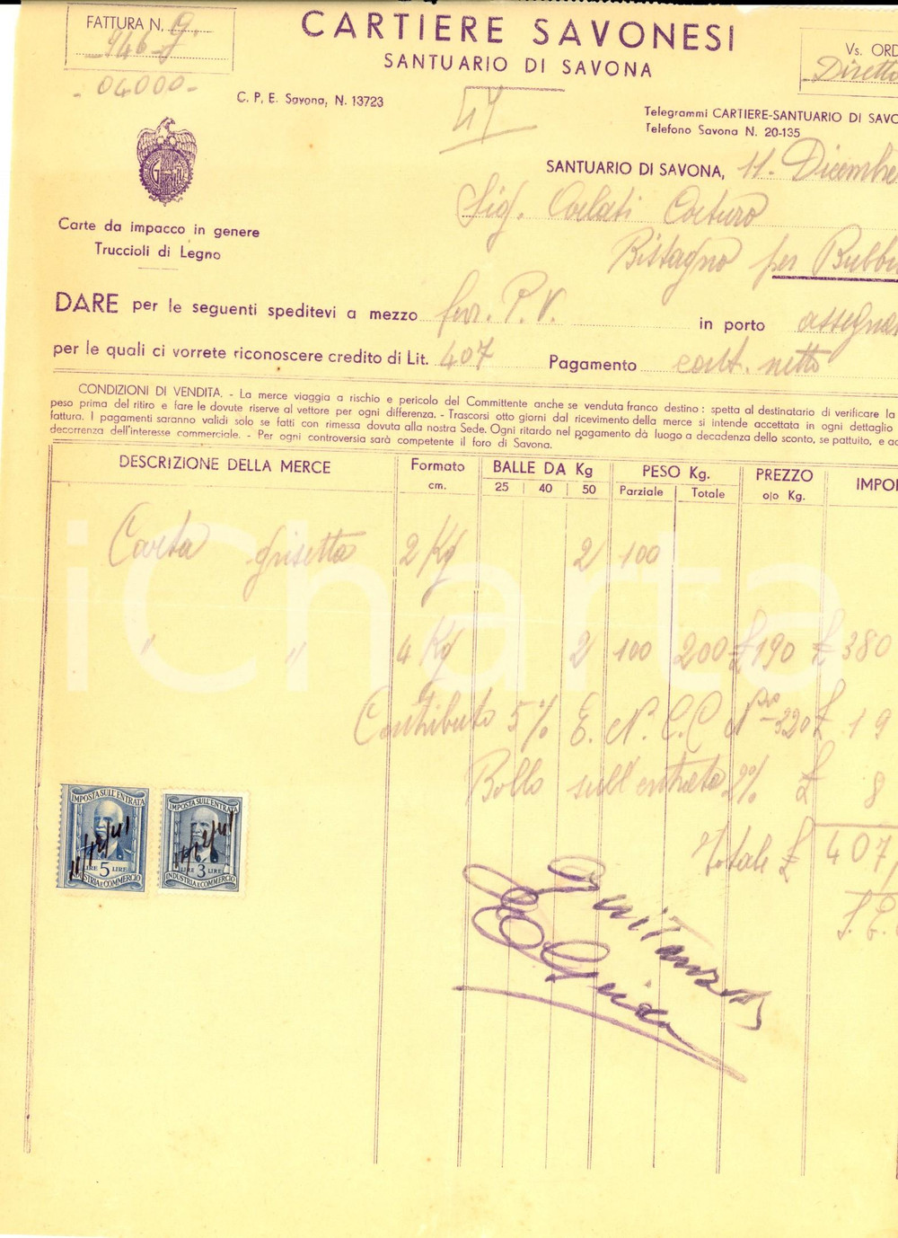 Documento originale, autentico 1941 SANTUARIO DI SAVONA Cartiere Savonesi Fattura intestata marche da bollo 1