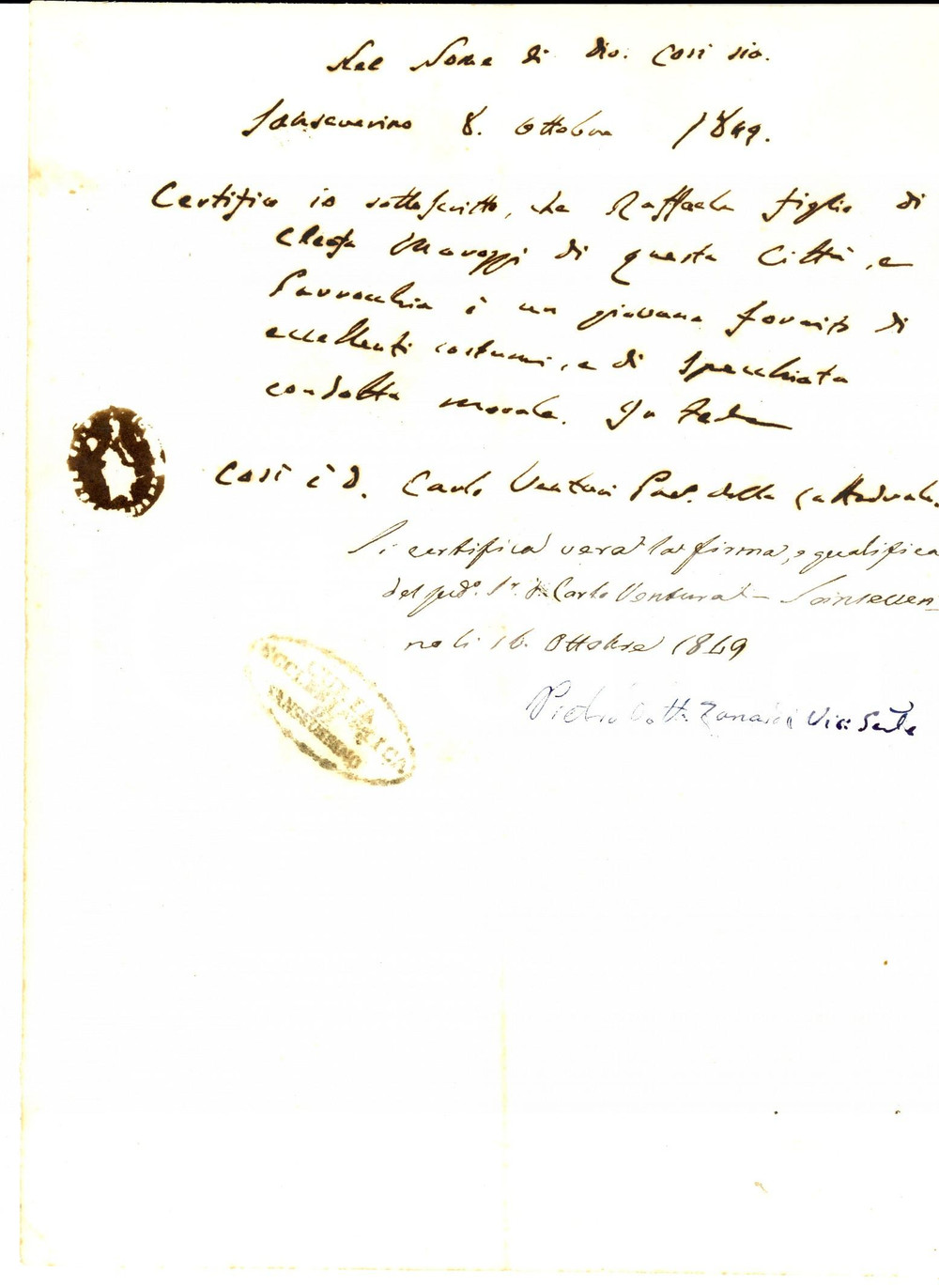 Documento originale, autentico 1849 SAN SEVERINO MARCHE Fede di moralitÃ  Raffaele MAROZZI Don Carlo VENTURI 1