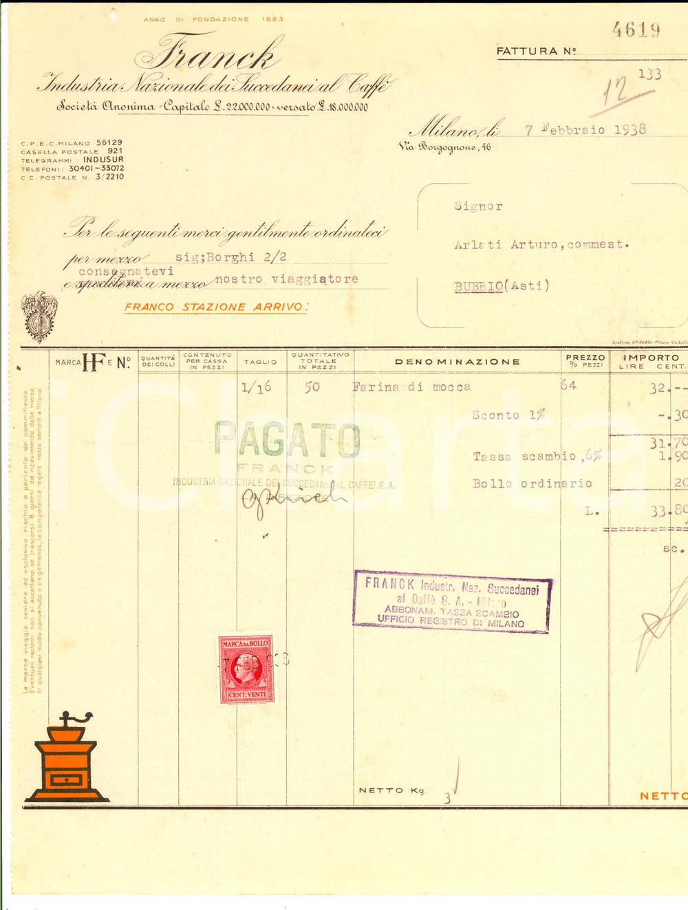 Documento originale, autentico 1938 MILANO Ditta FRANCK Industria Nazionale Succedanei al caffÃ¨ Fattura 1